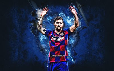 Lionel Messi, FC Barcelona, Catalonia, portre, Leo Messi, Arjantinli futbolcu, forvet, futbol yıldızı, UEFA Şampiyonlar Ligi, İspanya, Barcelona, mavi yaratıcı taş arka plan, futbol, Messi Barcelona