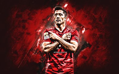 Robert Lewandowski, Bayern Munich, Polish soccer player, forward, portrait, red stone background, Bundesliga, Germany, football