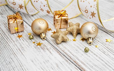 Ouro decora&#231;&#245;es de Natal, Feliz Ano Novo, Natal de fundo, ouro bolas de natal, Natal, 2020 conceitos, glitter dourado estrelas
