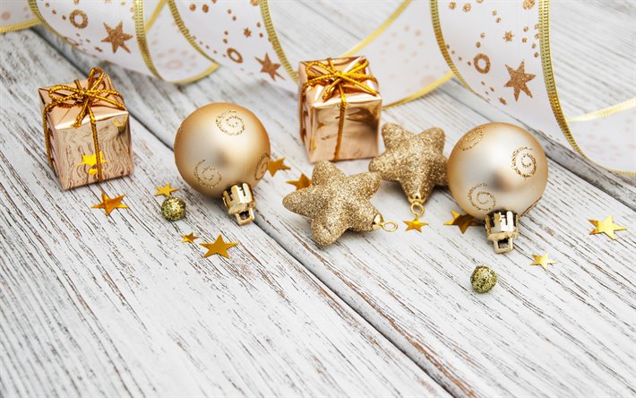 Golden Christmas decorations, Happy New Year, Christmas background, golden christmas balls, Christmas, 2020 concepts, gold glitter stars