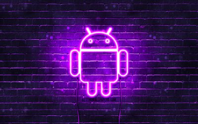 Android violet logo, 4k, violet brickwall, Android logo, brands, Android neon logo, Android