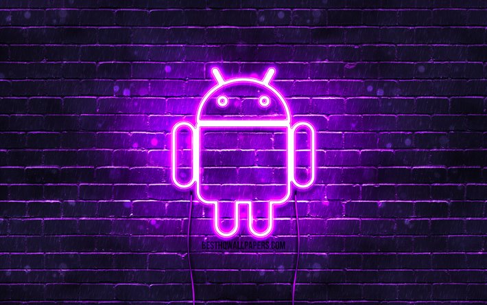 Android violet logo, 4k, mor brickwall, Android logosu, marka, Android neon logo, Android