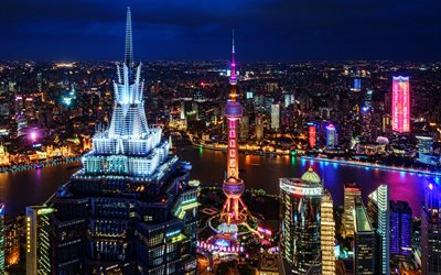 4k, Shanghai, notte, citt&#224;, metropoli, paesaggi notturni, grattacieli, Cina, Asia