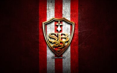 Stade Brestois 29 FC, golden logo, Ligue 1, red metal background, football, Stade Brestois 29, french football club, Stade Brestois 29 logo, soccer, France