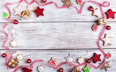Natal moldura, madeira de fundo branco, Feliz Ano Novo, Biscoitos de natal, Natal