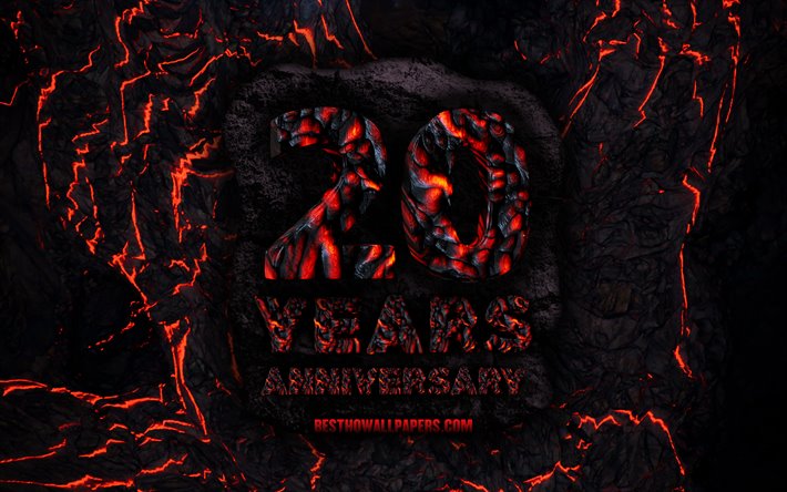 4k, 20 Years Anniversary, fire lava letters, 20th anniversary sign, 20th anniversary, grunge background, anniversary concepts