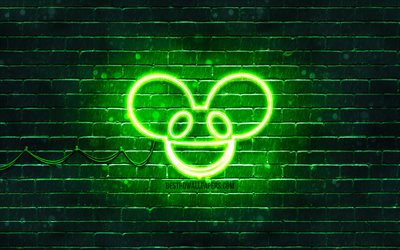 Deadmau5 green logo, 4k, superstars, canadian DJs, green brickwall, Deadmau5 logo, Joel Thomas Zimmerman, Deadmau5, music stars, Deadmau5 neon logo