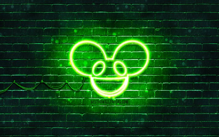 Deadmau5 logotipo verde, 4k, superestrellas, canad&#225; DJs, verde brickwall, Deadmau5 logotipo, Joel Thomas Zimmerman, Deadmau5, estrellas de la m&#250;sica, Deadmau5 ne&#243;n logotipo