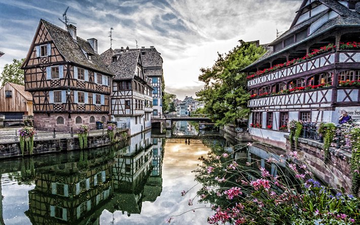 Strasbourg, evening, sunset, canal, Strasbourg cityscape, french cities, France