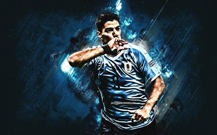 Luis Suarez, Uruguay national football team, portrait, Uruguayan soccer player, striker, Uruguay, football, blue stone background