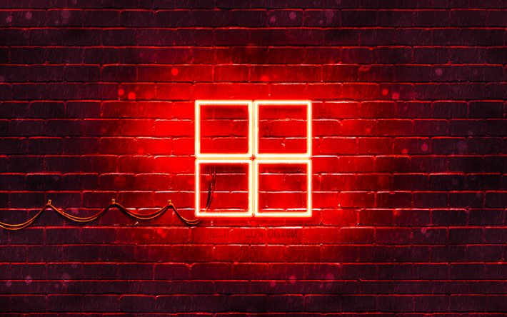 Microsoft red logo, 4k, red brickwall, Microsoft logo, brands, Microsoft neon logo, Microsoft