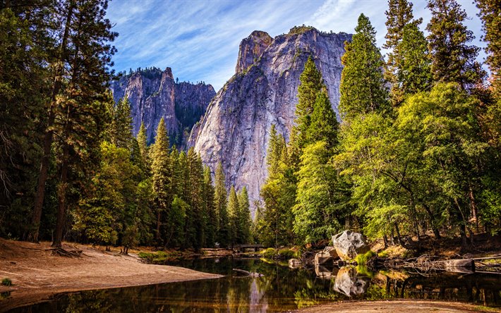 ヨセミテ国立公園, 川, 山々, 夏, カリフォルニア, 美しい自然, 米国, 米