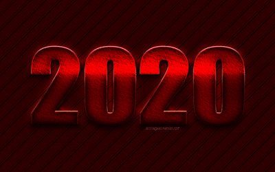 2020 2020 kırmızı arka plan, Mutlu Yeni Yıl, Kırmızı deri harfler, 2020 deri arka plan, 2020 kavramlar, 2020 Yeni Yıl