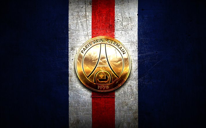 Paris Saint-Germain FC, golden logo, Ligue 1, blue metal background, football, Paris Saint-Germain, french football club, PSG logo, soccer, France, PSG FC