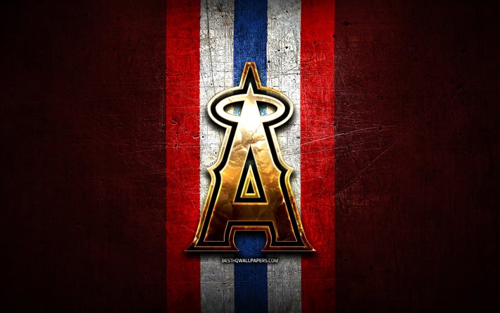 Los Angeles Angels emblem, MLB, golden emblem, red metal background, american baseball team, Major League Baseball, LA Angels, baseball, Los Angeles Angels