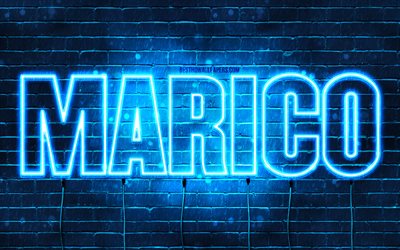 Joyeux anniversaire Marico, 4k, n&#233;ons bleus, nom de Marico, cr&#233;atif, joyeux anniversaire de Marico, anniversaire de Marico, noms masculins japonais populaires, photo avec le nom de Marico, Marico