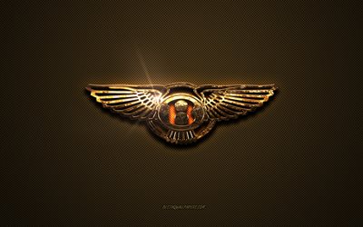 Bentley golden logo, artwork, brown metal background, Bentley emblem, creative, Bentley logo, brands, Bentley
