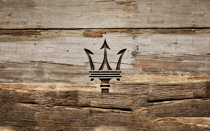 Logo en bois Maserati, 4K, arri&#232;re-plans en bois, marques de voitures, logo Maserati, cr&#233;atif, sculpture sur bois, Maserati
