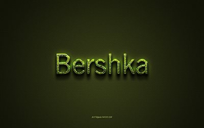 Bershka logo, green creative logo, floral art logo, Bershka emblem, green carbon fiber texture, Bershka, creative art