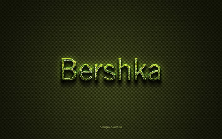 Logotipo da Bershka, logotipo criativo verde, logotipo da arte floral, emblema da Bershka, textura de fibra de carbono verde, Bershka, arte criativa