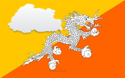 Bhutan map silhouette, Flag of Bhutan, silhouette on the flag, Bhutan, 3d Bhutan map silhouette, Bhutan flag, Bhutan 3d map