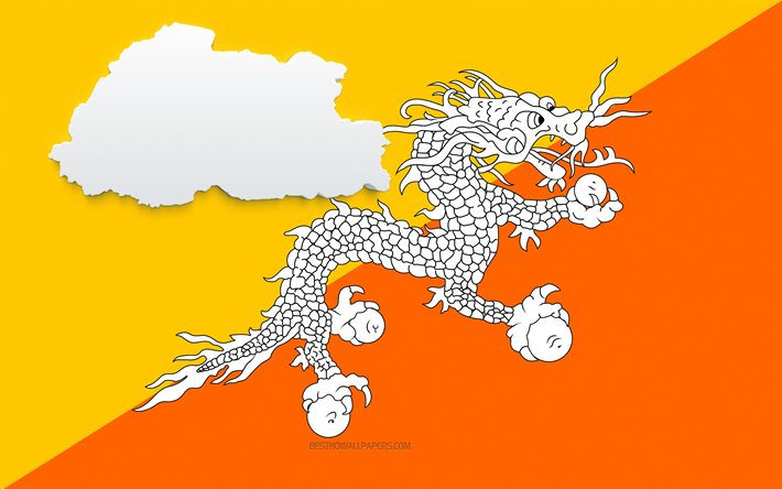 Silhouette de carte du Bhoutan, drapeau du Bhoutan, silhouette sur le drapeau, Bhoutan, silhouette de carte du Bhoutan 3d, carte du Bhoutan 3d