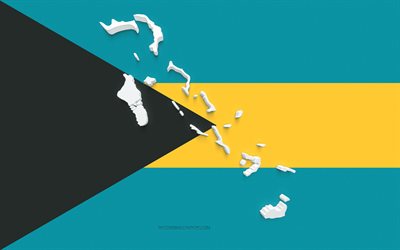Silhouette de carte des Bahamas, drapeau des Bahamas, silhouette sur le drapeau, Bahamas, silhouette de carte des Bahamas en 3d, carte des Bahamas en 3d