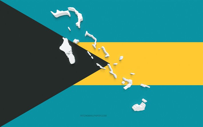 Bahamas kartsiluett, Bahamas flagga, siluett p&#229; flaggan, Bahamas, 3d Bahamas kartsiluett, Bahamas 3d karta