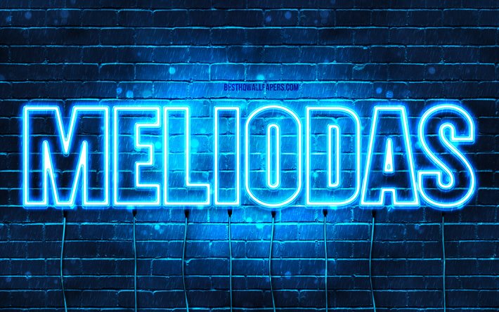 Joyeux anniversaire Meliodas, 4k, n&#233;ons bleus, nom Meliodas, cr&#233;atif, joyeux anniversaire Meliodas, anniversaire Meliodas, noms masculins japonais populaires, photo avec le nom Meliodas, Meliodas
