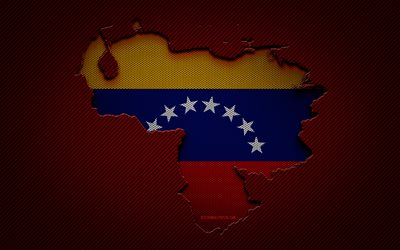 Mappa del Venezuela, 4k, paesi del Sud America, bandiera venezuelana, sfondo rosso carbonio, sagoma della mappa del Venezuela, bandiera del Venezuela, Sud America, mappa del Venezuela, Venezuela