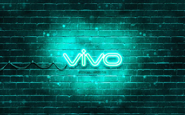 Vivo turquoise logo, 4k, turquoise brickwall, Vivo logo, brands, Vivo neon logo, Vivo