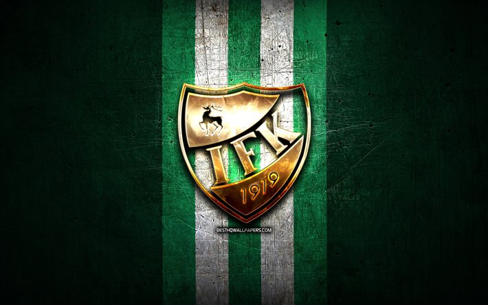 IFK Mariehamn FC, logotipo dourado, Veikkausliiga, fundo de metal verde, futebol, clube de futebol finland&#234;s, logotipo do IFK Mariehamn, IFK Mariehamn