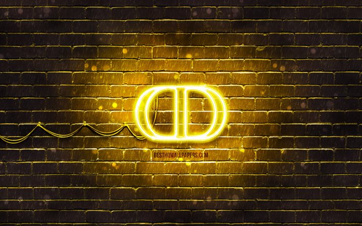 Christian Dior logo giallo, 4k, muro di mattoni giallo, Christian Dior logo, marchi di moda, Christian Dior neon logo, Christian Dior