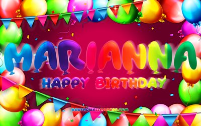Buon Compleanno Marianna, 4k, palloncino colorato, nome Marianna, sfondo viola, Compleanno Marianna, nomi femminili americani popolari, Concetto di compleanno, Marianna