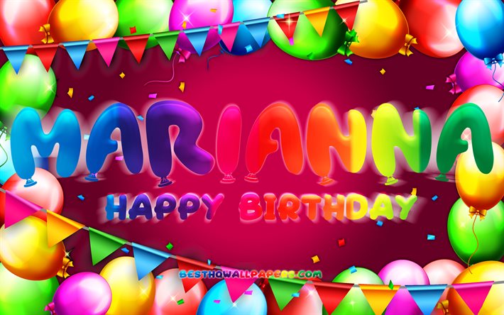 Joyeux anniversaire Marianna, 4k, cadre de ballon color&#233;, nom de Marianna, fond violet, Marianna joyeux anniversaire, Marianna anniversaire, noms f&#233;minins am&#233;ricains populaires, Concept d&#39;anniversaire, Marianna