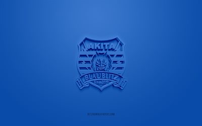 Blaublitz Akita, creative 3D logo, blue background, J2 League, 3d emblem, Japan Football Club, Akita, Japan, 3d art, football, Blaublitz Akita 3d logo