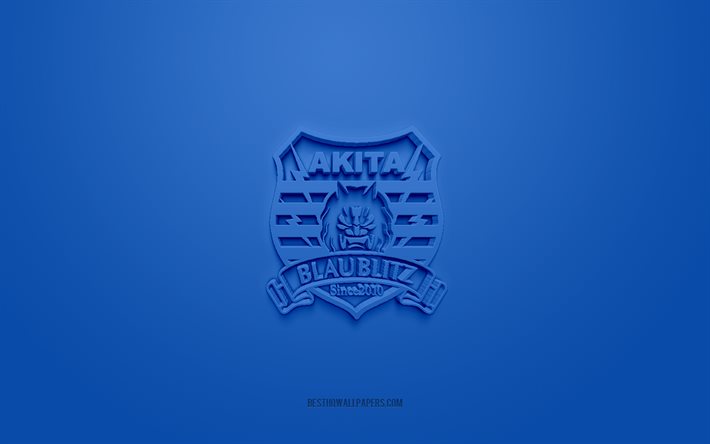 Blaublitz Akita, creative 3D logo, blue background, J2 League, 3d emblem, Japan Football Club, Akita, Japan, 3d art, football, Blaublitz Akita 3d logo