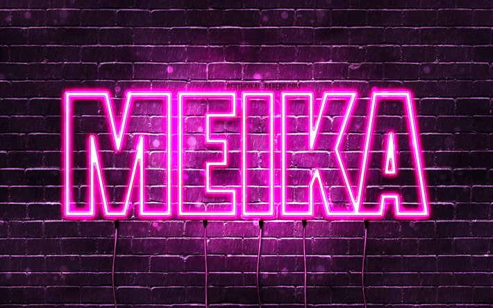 Joyeux anniversaire Meika, 4k, n&#233;ons roses, nom Meika, cr&#233;atif, joyeux anniversaire Meika, anniversaire Meika, noms f&#233;minins japonais populaires, photo avec nom Meika, Meika