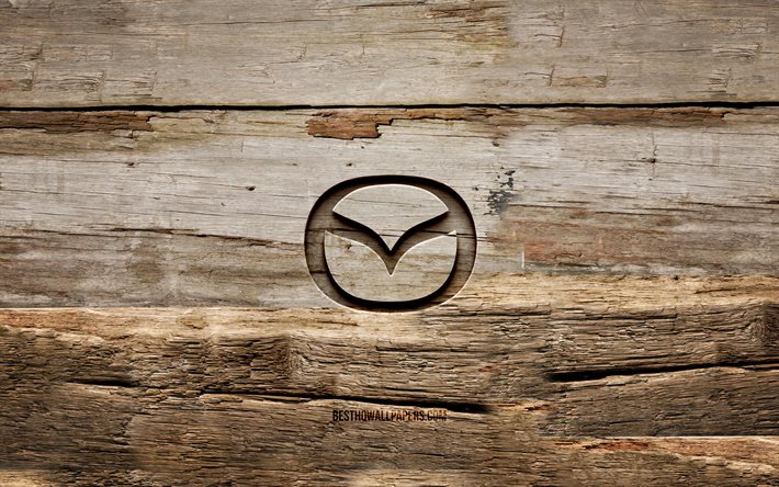 Mazda wooden logo, 4K, wooden backgrounds, cars brands, Mazda logo, creative, wood carving, Mazda