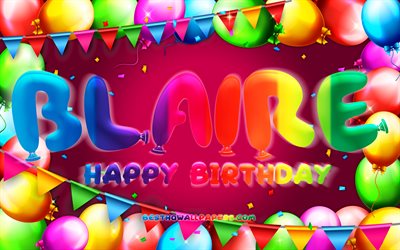 お誕生日おめでとうブレア, 4k, カラフルなバルーンフレーム, ブレア名, 紫の背景, ブレアお誕生日おめでとう, ブレアの誕生日, 人気のアメリカ人女性の名前, 誕生日のコンセプト, ブレア