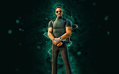 Mike Lowrey, 4k, turquoise neon lights, Fortnite Battle Royale, Fortnite characters, Mike Lowrey Skin, Fortnite, Mike Lowrey Fortnite