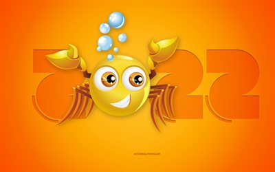 2022 Cancer Year, Happy New Year 2022, yellow background, 3D Cancer zodiac sign, 2022 New Year, Cancer zodiac sign, 2022 concepts, Cancer