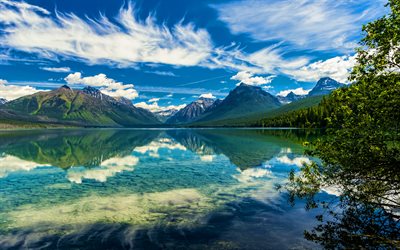 McDonald Lake, 4k, summer, american landmarks, beautiful nature, mountains, HDR, Glacier National Park, America, USA