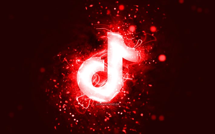 TikTok red logo, 4k, red neon lights, creative, red abstract background, TikTok logo, social network, TikTok