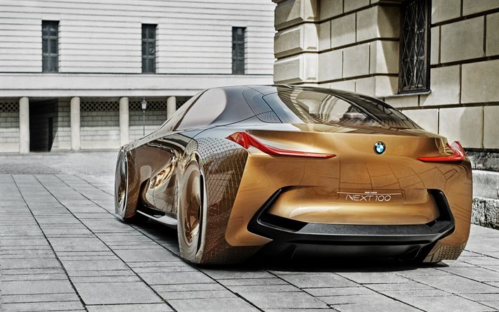 Vision Next 100, n&#228;kym&#228; takaa, ulkopuoli, luksuskonseptit, kultainen Next 100, BMW