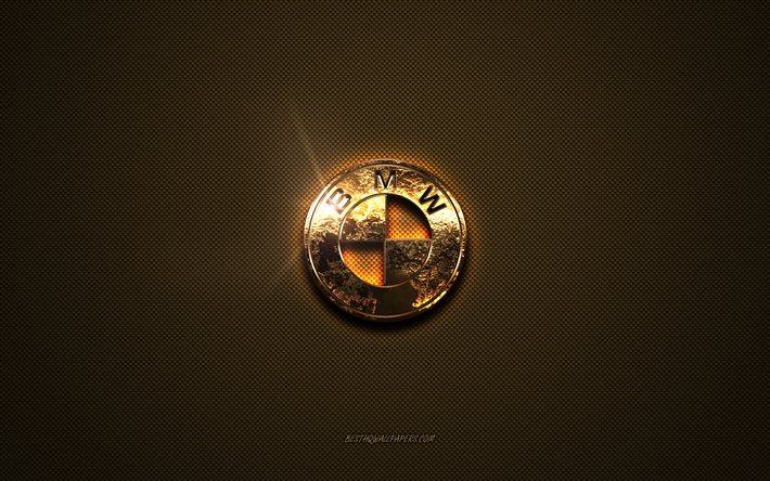 BMW golden logo, artwork, brown metal background, BMW emblem, creative, BMW logo, brands, BMW