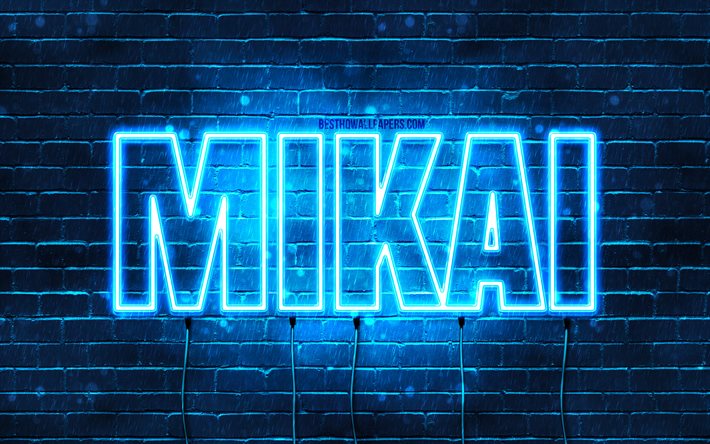 Hyv&#228;&#228; syntym&#228;p&#228;iv&#228;&#228; Mikai, 4k, siniset neonvalot, Mikai nimi, luova, Mikai Happy Birthday, Mikai Birthday, suositut japanilaiset miesten nimet, kuva Mikai-nimell&#228;, Mikai