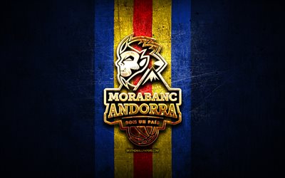 Andorra Hotellit, kultainen logo, ACB, sininen metallitausta, Espanjan koripallomaajoukkue, MoraBanc Andorran logo, koripallo, BC MoraBanc Andorra