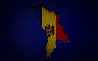 Moldova map, 4k, European countries, Moldovan flag, blue carbon background, Moldova map silhouette, Moldova flag, Europe, Moldovan map, Moldova, flag of Moldova
