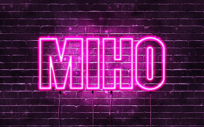 Joyeux anniversaire Miho, 4k, n&#233;ons roses, nom Miho, cr&#233;atif, joyeux anniversaire Miho, anniversaire Miho, noms f&#233;minins japonais populaires, photo avec le nom Miho, Miho